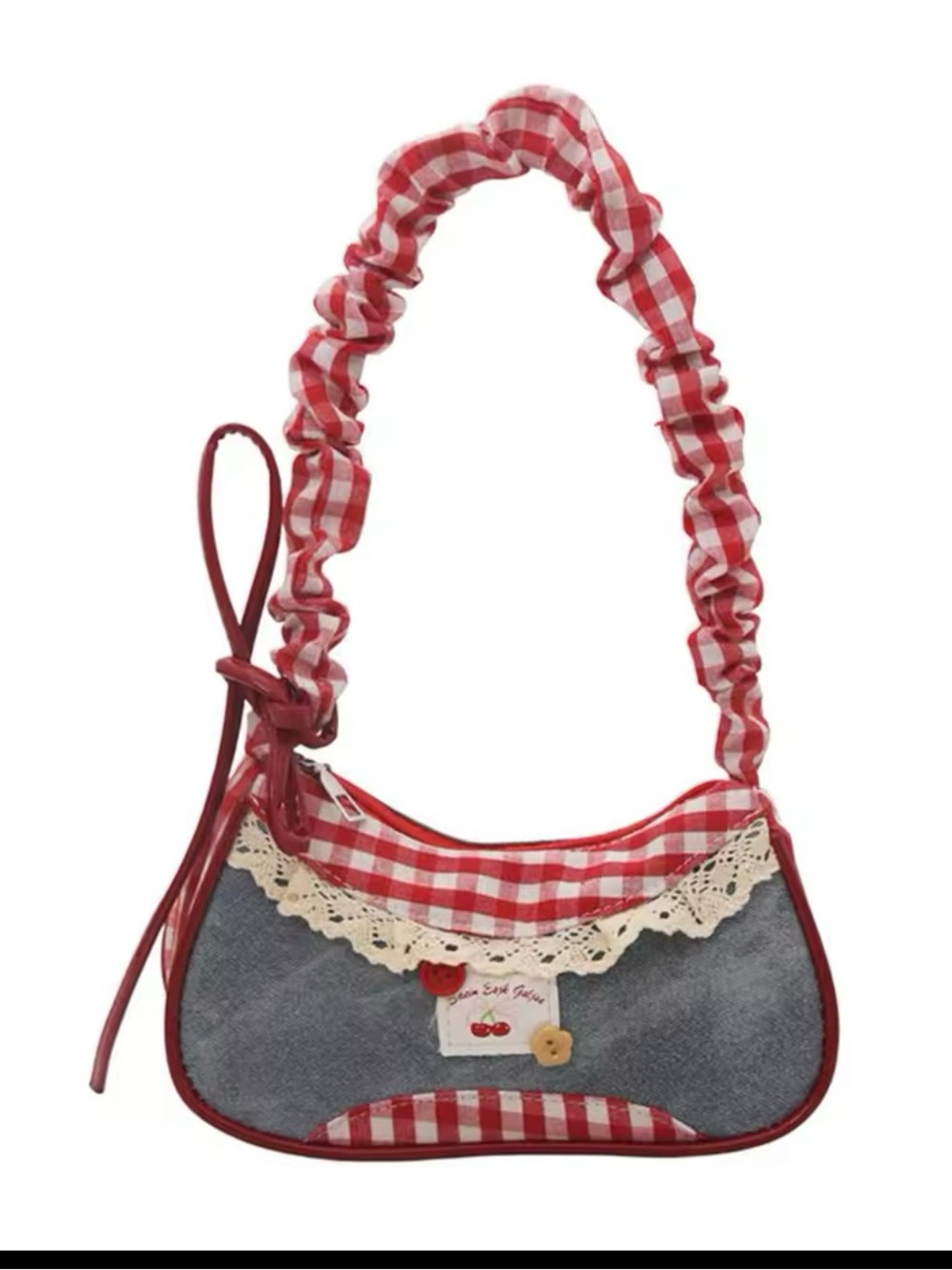 Red Gingham Shoulder Bag with Denim and Lace Accent - Picture 1 of 2